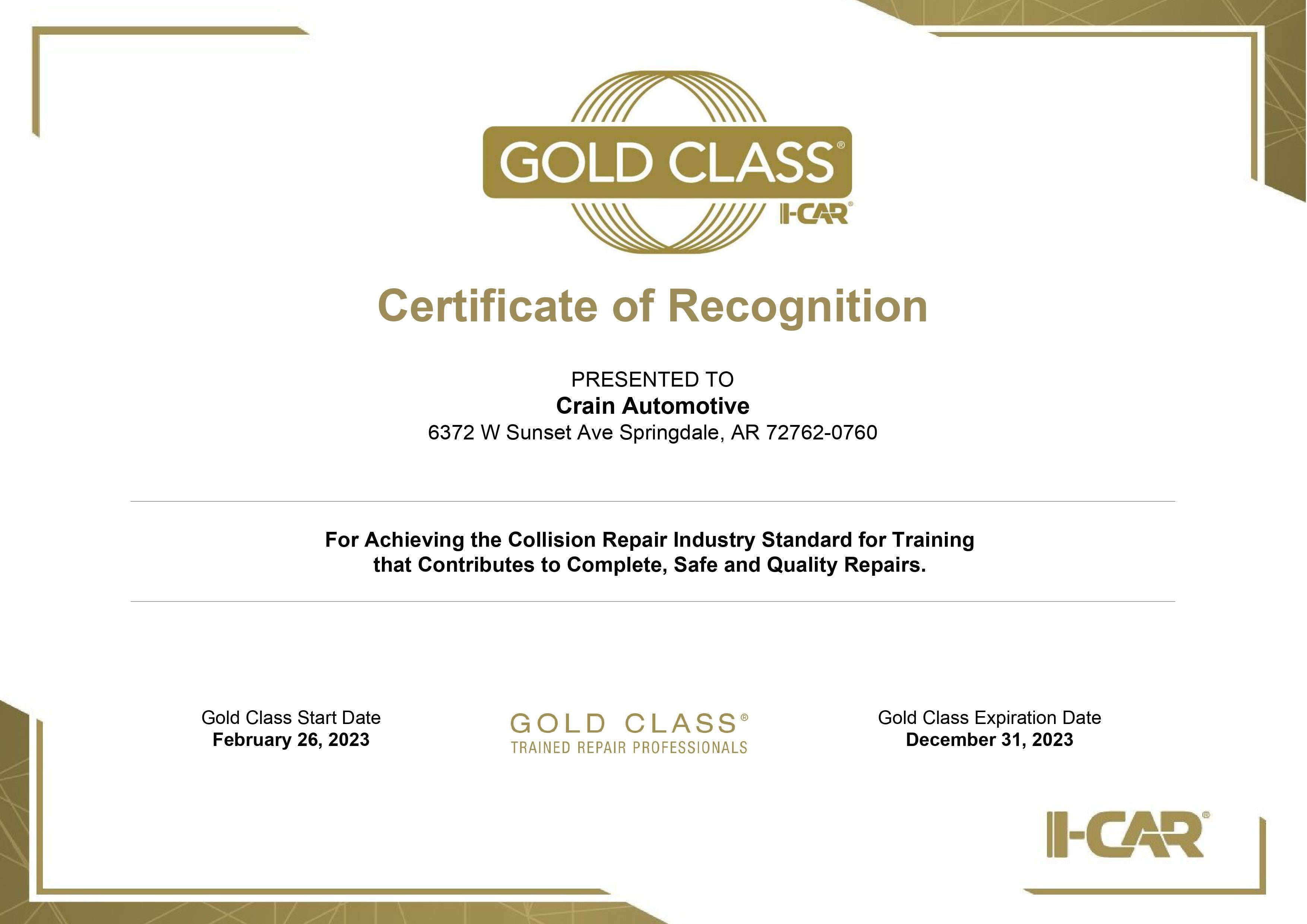 Gold Class Certificate